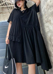 Women black Tunics o neck Cinched Maxi asymmetric Dress - SooLinen