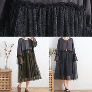 Women black chiffon dress long Boho Outfits o neck Petal Sleeve Summer Dress - SooLinen