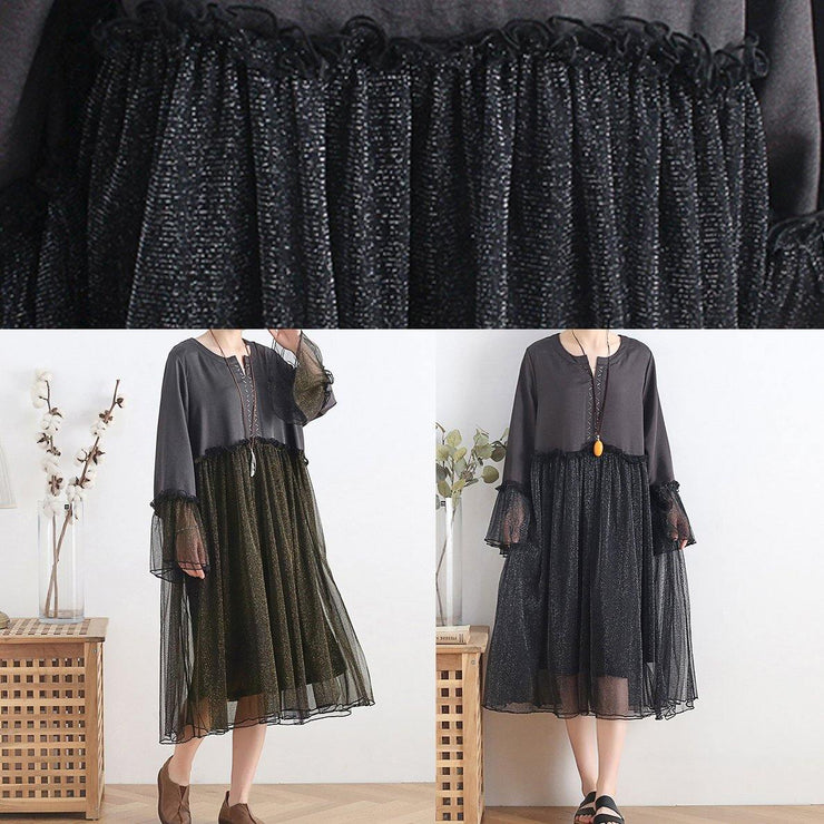 Women black chiffon dress long Boho Outfits o neck Petal Sleeve Summer Dress - SooLinen