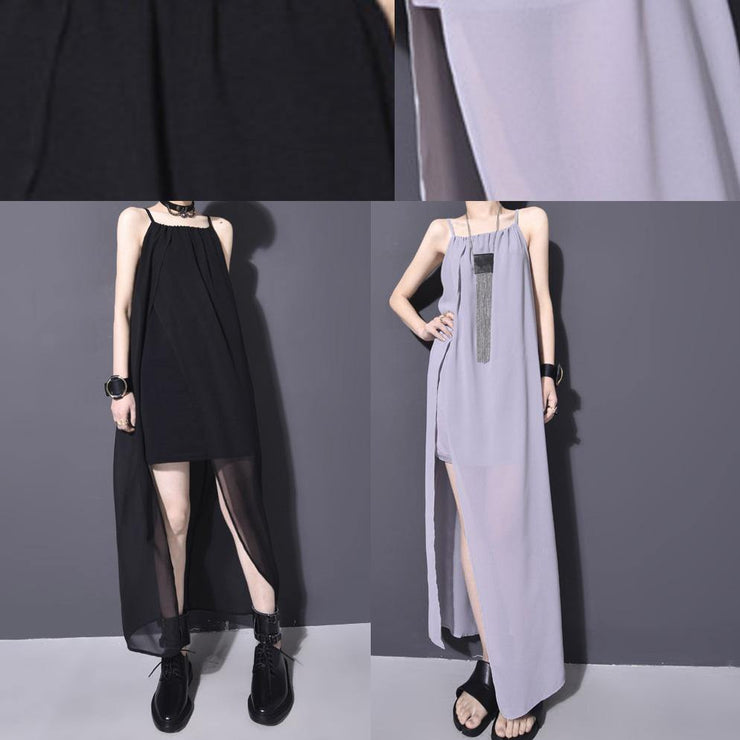 Women black chiffonTunic side open Dresses summer sleeveless Dresses - SooLinen