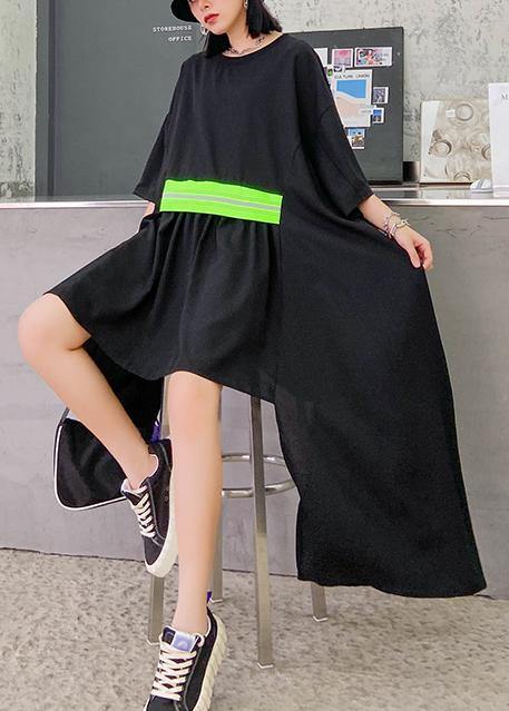 Women black clothes o neck asymmetric Art Dresses - SooLinen