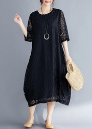 Women black cotton Tunic Mom Photography Half sleeve o neck loose Summer Dresses - SooLinen