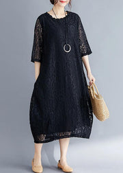 Women black cotton Tunic Mom Photography Half sleeve o neck loose Summer Dresses - SooLinen