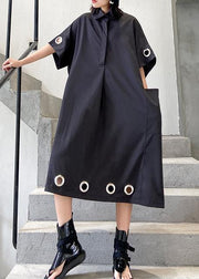 Women black cotton Tunics lapel patchwork Maxi summer Dress - SooLinen