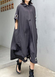 Women black cotton Tunics lapel patchwork Maxi summer Dress - SooLinen