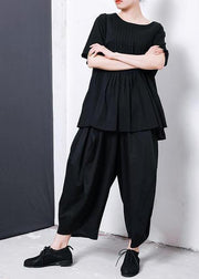Women black cotton blended Solid Color Pleated Loose Bloomers - SooLinen