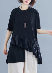 Women black cotton clothes For Women Ruffles asymmetric Midi summer blouses - SooLinen