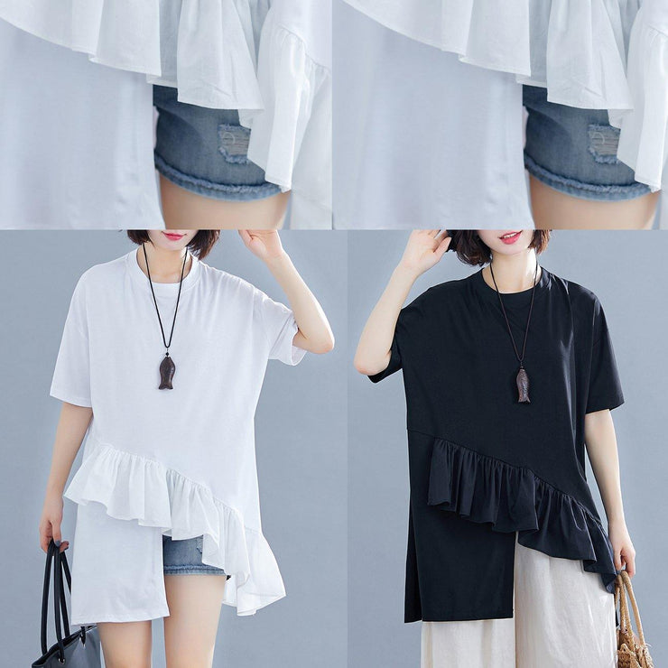 Women black cotton clothes For Women Ruffles asymmetric Midi summer blouses - SooLinen