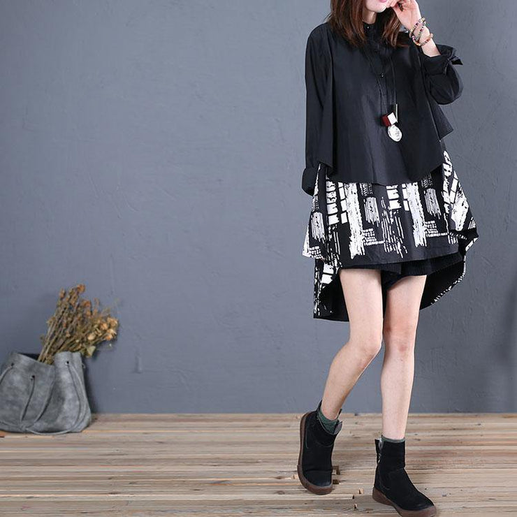 Women black cotton clothes For Women patchwork daily fall long shirt - SooLinen