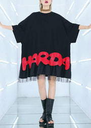 Women black cotton clothes For Women red alphabet prints tunic summer shirt - SooLinen