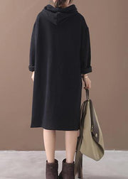 Women black cotton clothes Women hooded long winter Dress - SooLinen