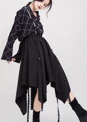 Women black cotton clothes elastic waist asymmetric Dress - SooLinen