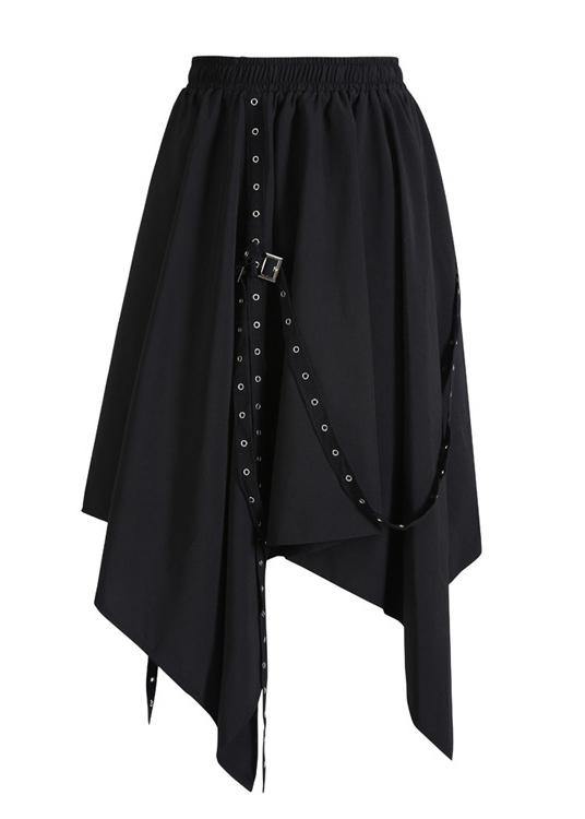 Women black cotton clothes elastic waist asymmetric Dress - SooLinen
