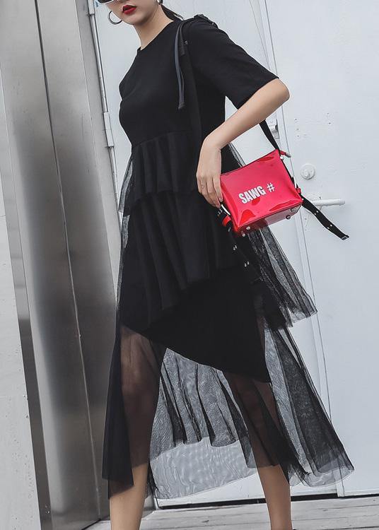 Women black cotton clothes patchwork tulle Maxi summer Dresses - SooLinen
