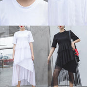 Women black cotton clothes patchwork tulle Maxi summer Dresses - SooLinen