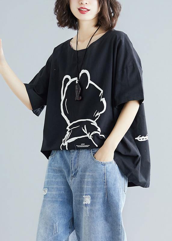 Women black cotton crane tops short sleeve Art summer blouses - SooLinen