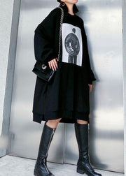 Women black cotton dress o neck cotton spring Dress - SooLinen
