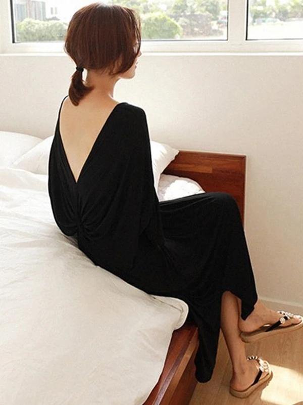 Women black cotton dresses o neck Cinched Kaftan summer Dresses - SooLinen
