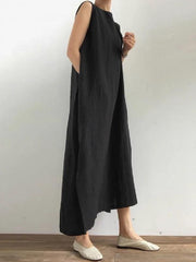 Women black cotton linen Robes o neck side open cotton robes Dresses - SooLinen