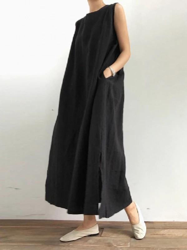Women black cotton linen Robes o neck side open cotton robes Dresses - SooLinen