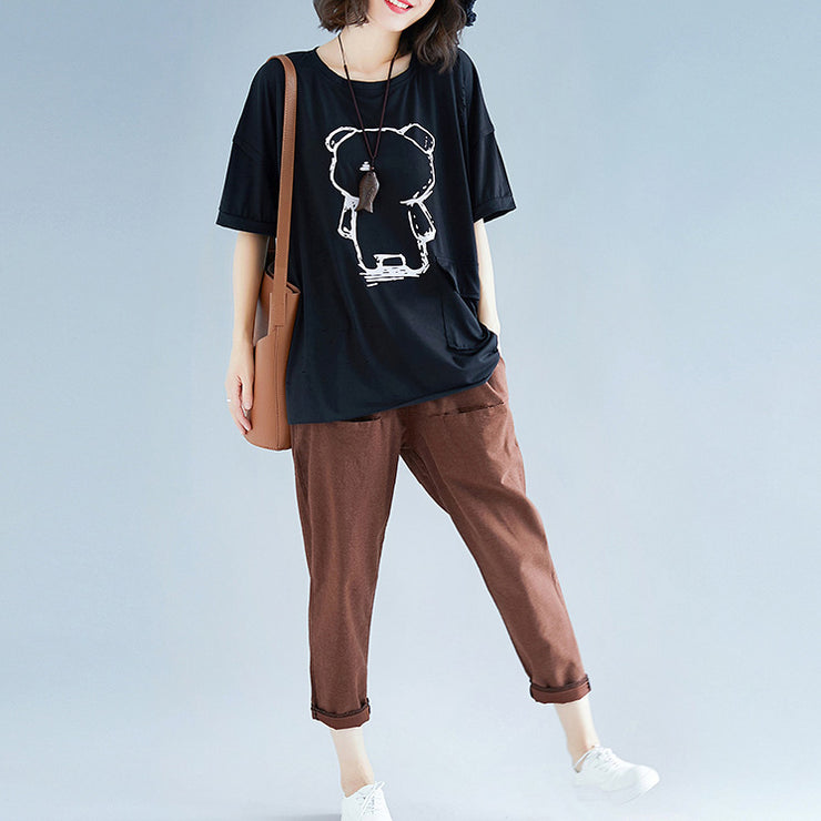 Schwarze Baumwoll-Leinen-Tops für Damen mit feinem Ausschnitt, Fledermausärmeln, O-Neck-Box-Shirts