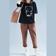Schwarze Baumwoll-Leinen-Tops für Damen mit feinem Ausschnitt, Fledermausärmeln, O-Neck-Box-Shirts