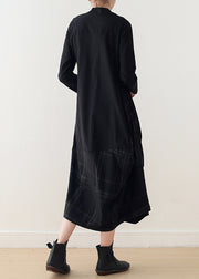 Women black cotton quilting clothes Fitted pattern o neck false two pieces Maxi spring Dresses
