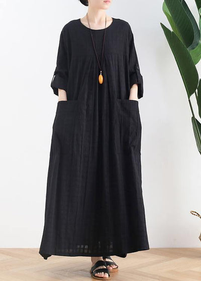 Women black cotton quilting dresses o neck Batwing Sleeve Maxi Dresses - SooLinen