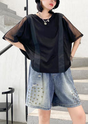 Women black cotton shirts o neck patchwork tulle summer blouses - SooLinen