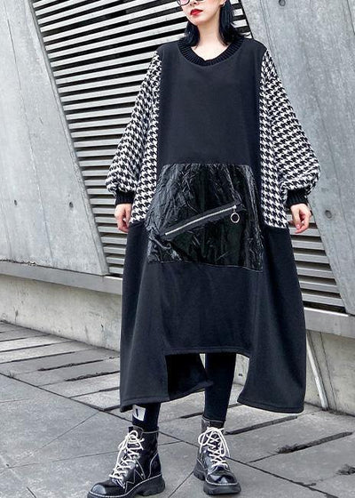 Women black cotton tunic dress asymmetric hem A Line patchwork Dresses - SooLinen