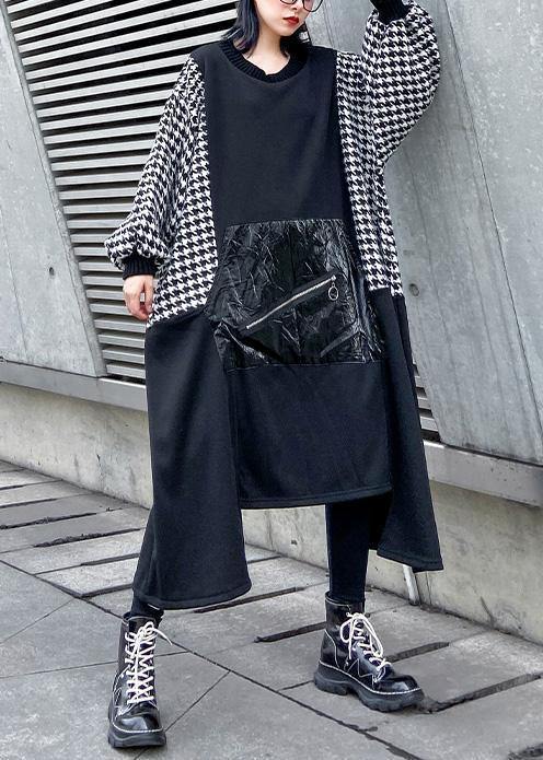 Women black cotton tunic dress asymmetric hem A Line patchwork Dresses - SooLinen