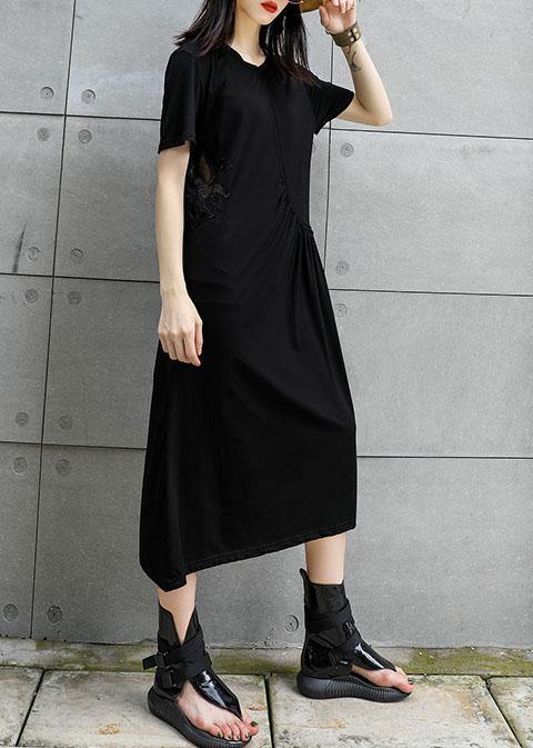 Women black cotton tunic dress hollow out Art summer Dresses - SooLinen