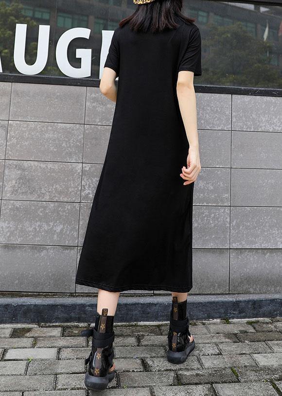 Women black cotton tunic dress hollow out Art summer Dresses - SooLinen