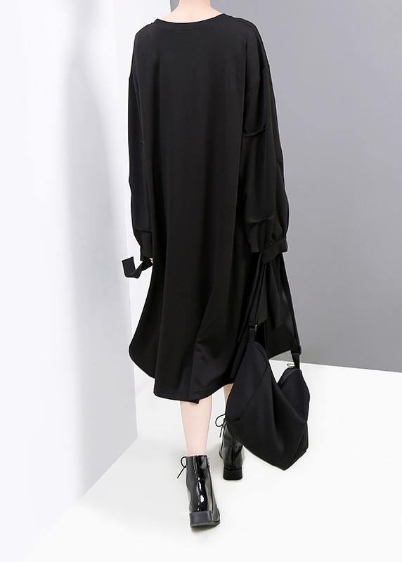 Women black cotton tunic pattern big pockets long zippered Dresses - SooLinen
