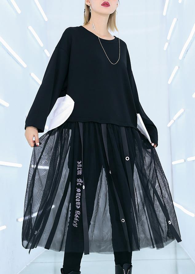 Women black cotton tunic top patchwork Traveling summer Dress - SooLinen