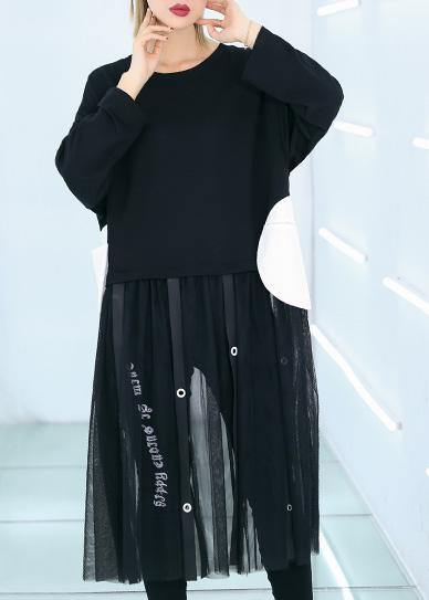 Women black cotton tunic top patchwork Traveling summer Dress - SooLinen