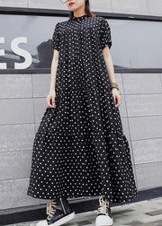 Women black dotted cotton dress stand collar Maxi summer Dress - SooLinen