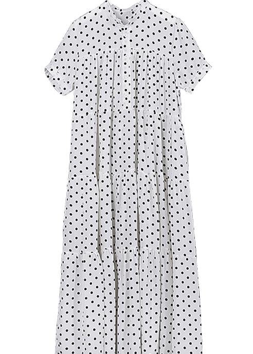 Women black dotted cotton dress stand collar Maxi summer Dress - SooLinen