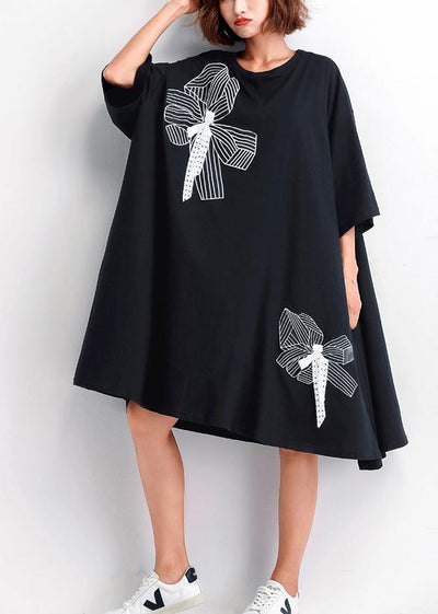 Women black embroidery Cotton big hem shift summer Dresses - SooLinen