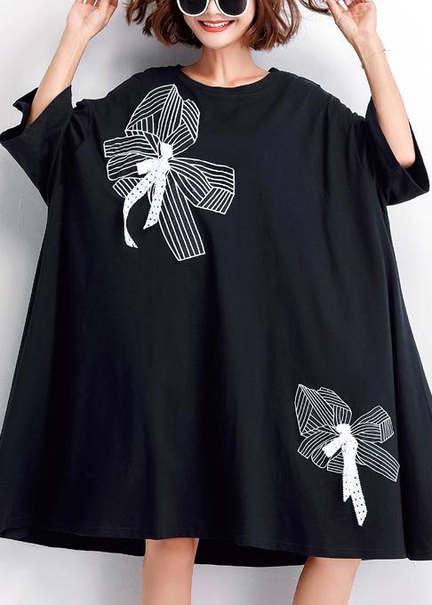 Women black embroidery Cotton big hem shift summer Dresses - SooLinen