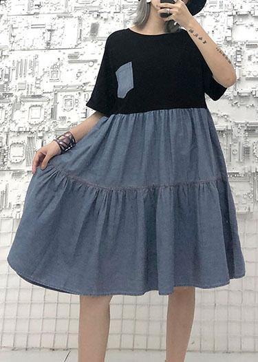 Women black high waist cotton Tunics patchwork Robe summer Dress - SooLinen