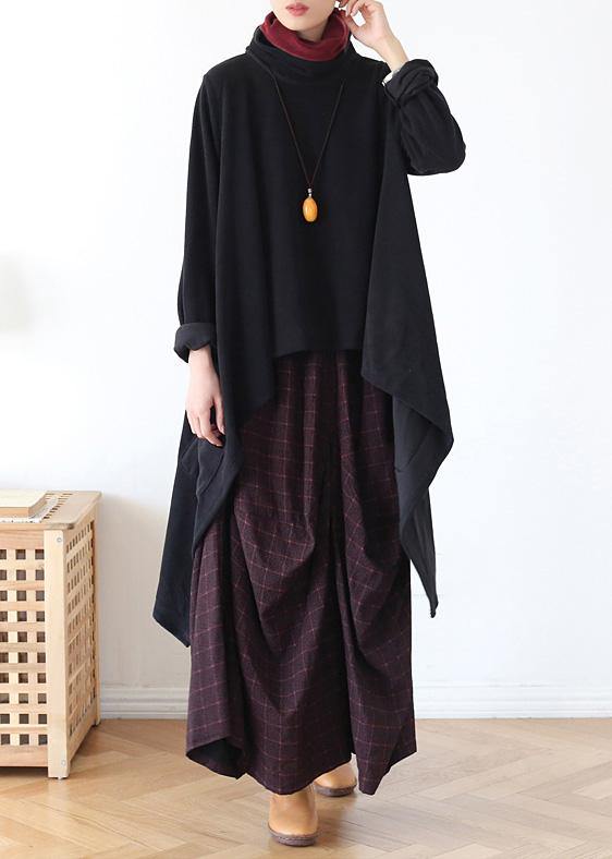 Women black knit blouse asymmetric hem oversize high neck knit tops - SooLinen