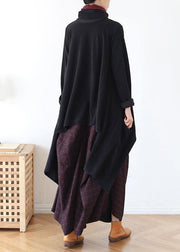 Women black knit blouse asymmetric hem oversize high neck knit tops - SooLinen