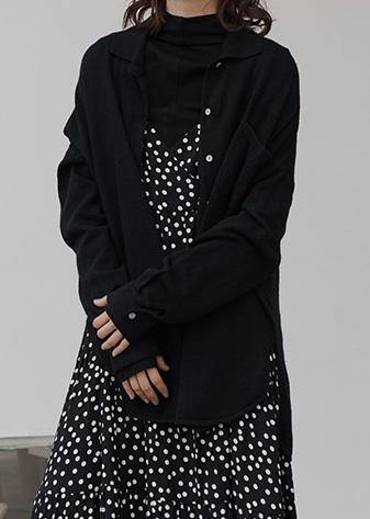 Women black knit blouse casual lapel collar knitted blouse fall - SooLinen