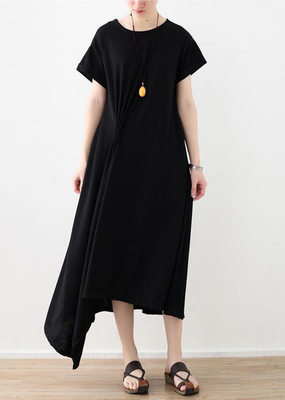 Women black linen clothes For Women asymmetric hem long summer Dress - SooLinen