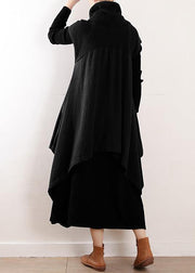 Women black linen clothes For high neck asymmetric patchwork fall Dresses - SooLinen