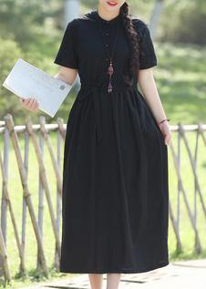 Women black linen cotton Robes 2019 Shape tie waist Maxi summer Dress - SooLinen
