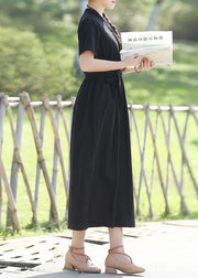 Women black linen cotton Robes 2019 Shape tie waist Maxi summer Dress - SooLinen