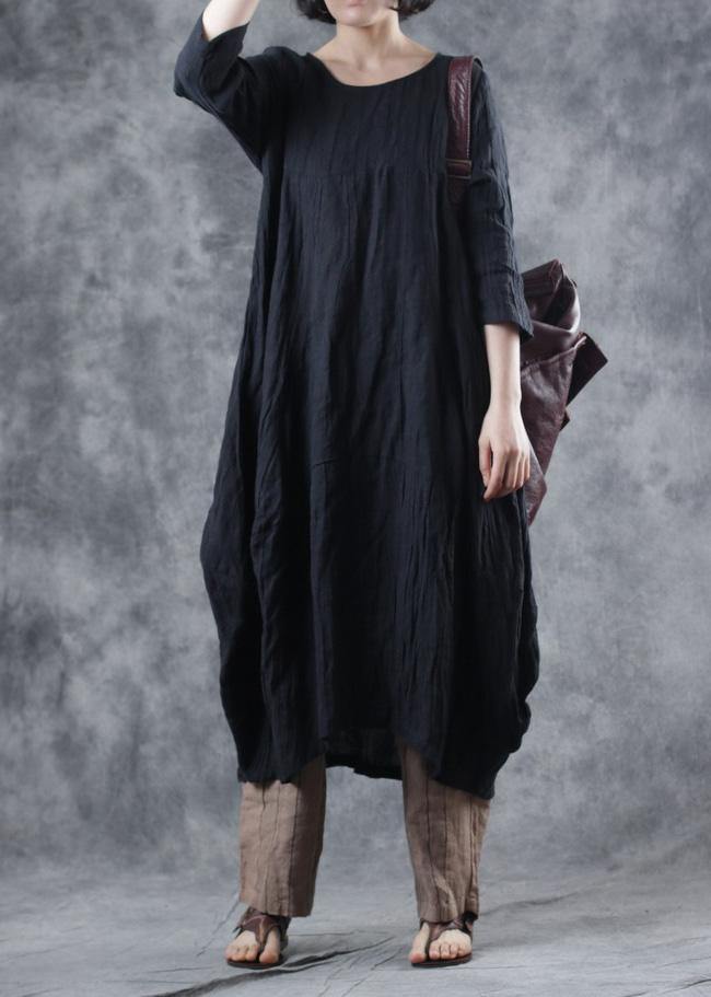 Women black linen dresses o neck Dresses fall Dresses - SooLinen