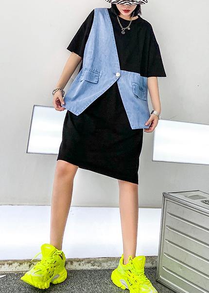 Women black outfit o neck patchwork Plus Size summer Dresses - SooLinen